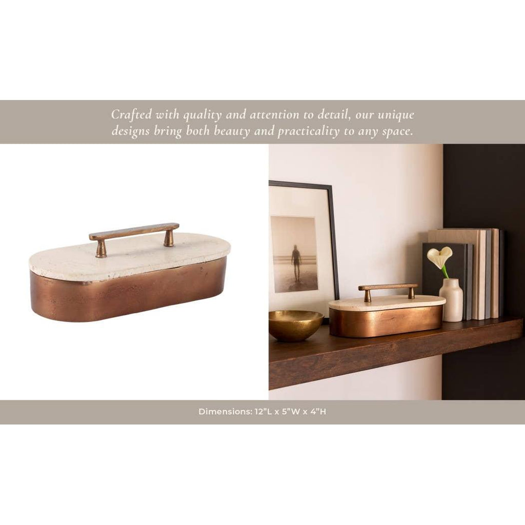 Decorative Box - Tan/Bronze Travertine Oval with Lid, 12 in.