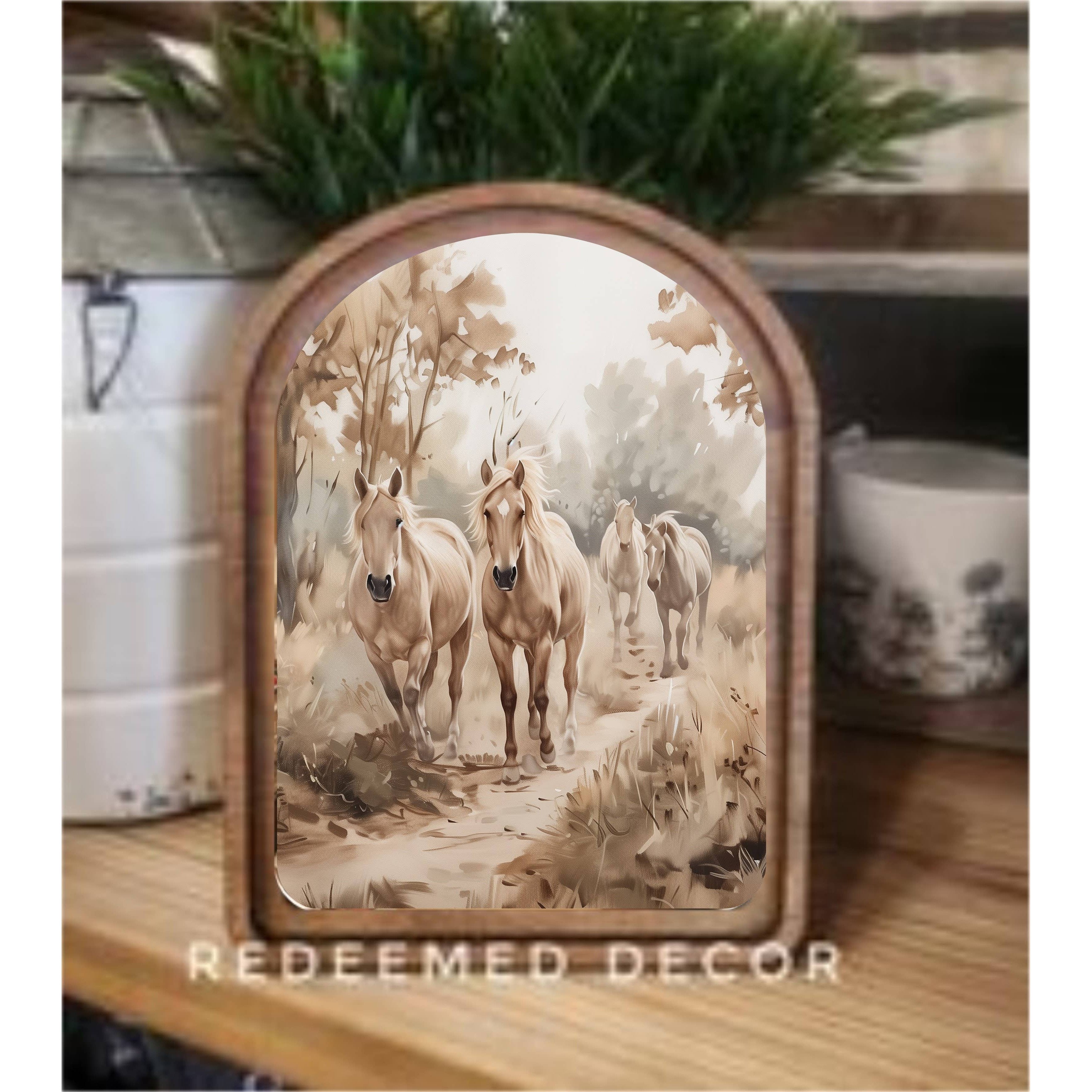 Redeemed Decor Arch Top Muted Horses Framed Art