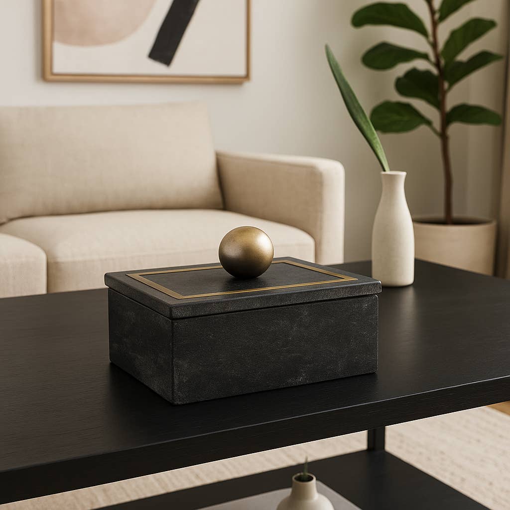 Marble Decorative Box with Removable Lid - Black, 7 in.