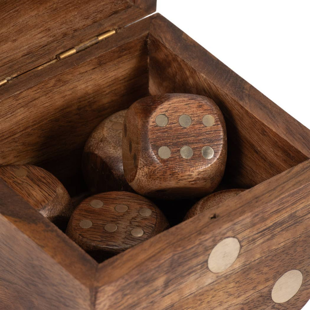 Box Game Set - Brown Mango Wood Dice-Shaped Storage, 4 in.