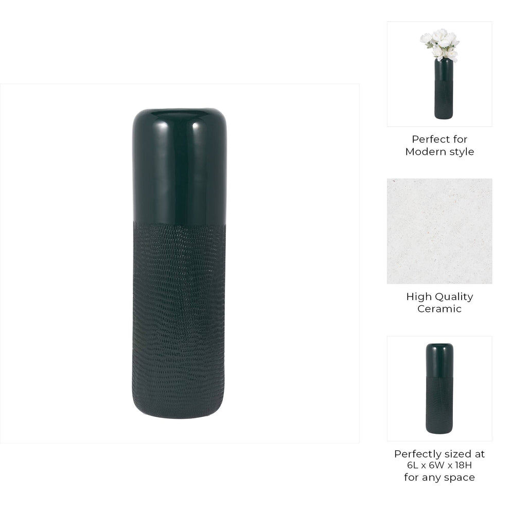 Green Grooved Ceramic Vase with Rounded Rim, 18 in.