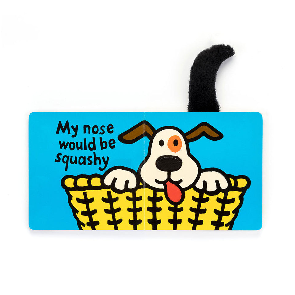 Children's book page with a cartoon dog and text on a blue background