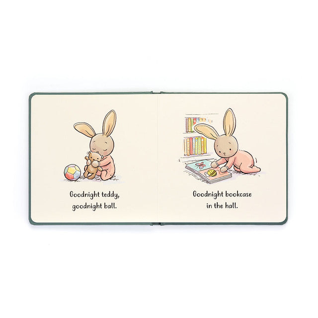 Illustrated book open to two pages with bunnies and text on a white background