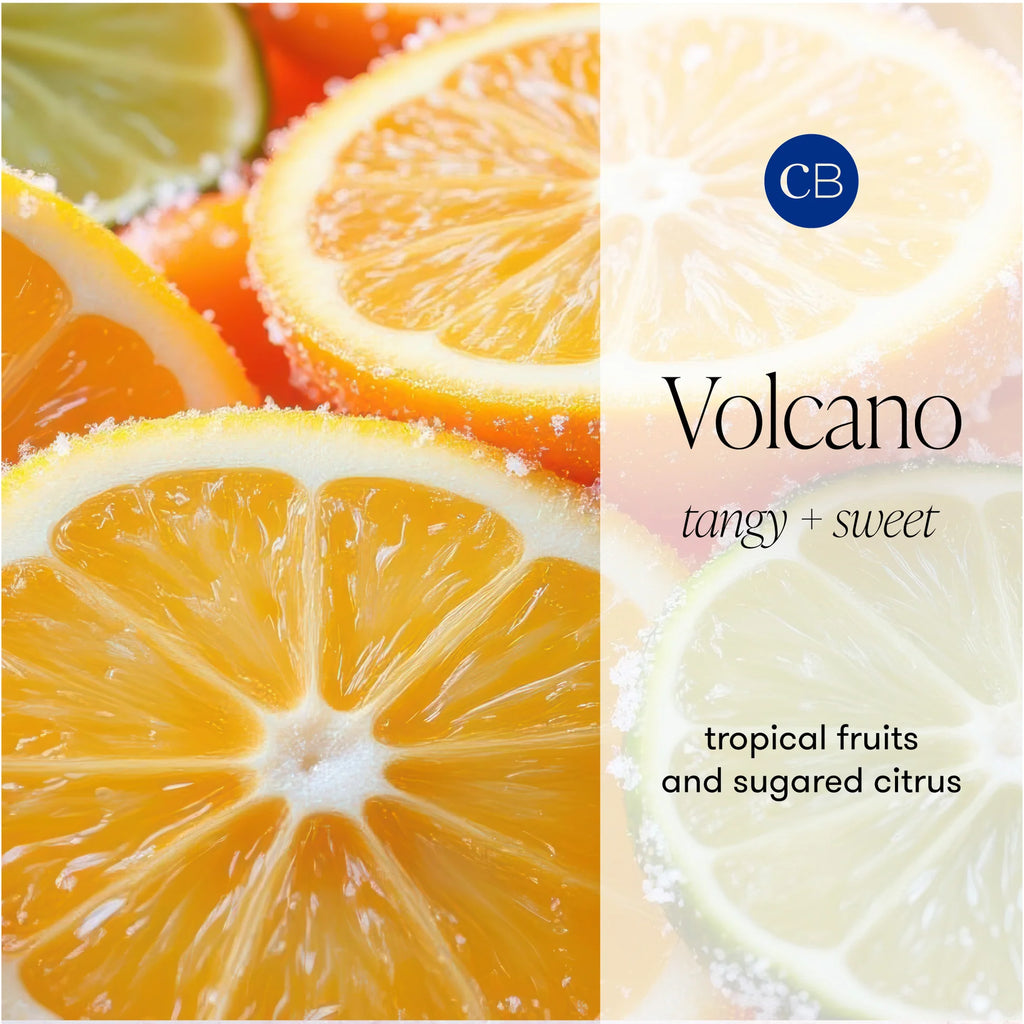 Close-up of sliced oranges with a brand logo and product description on the right.