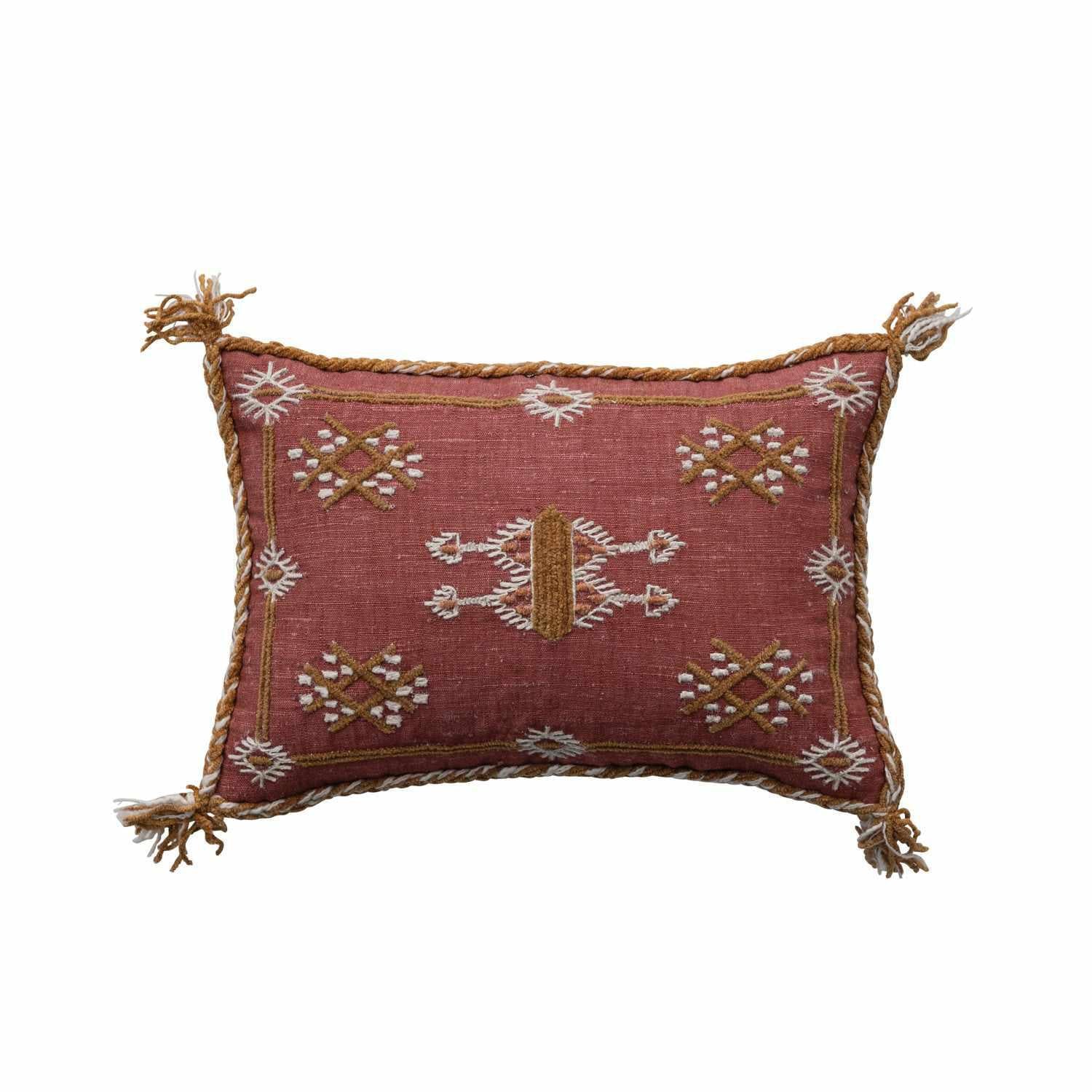 Cotton & Silk Lumbar Pillow w/ Embroidery, Piping & Tassels