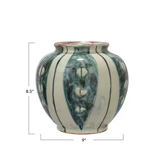 Hand-Painted Stoneware Vase w/ Stripes, Reactive Glaze