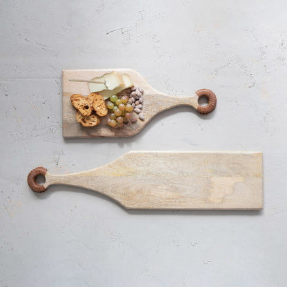 Mango Wood Cheese/Cutting Board with Braided Leather Handle