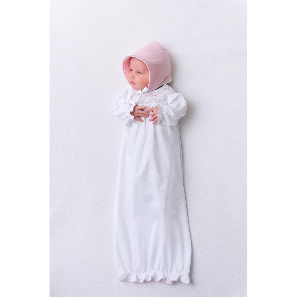 Sweetly Smocked Greeting Gown, Worth Avenue White with Palm Beach Pink