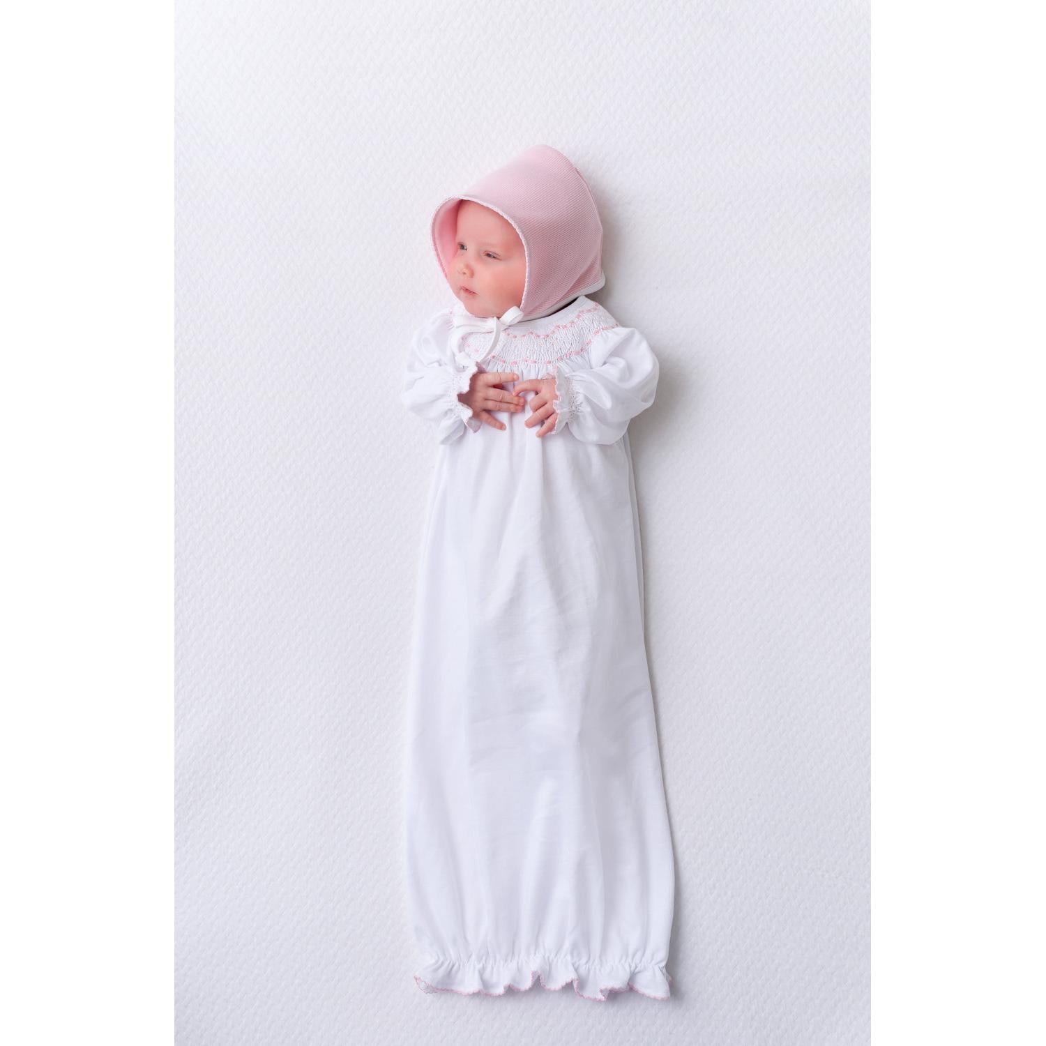 Sweetly Smocked Greeting Gown, Worth Avenue White with Palm Beach Pink
