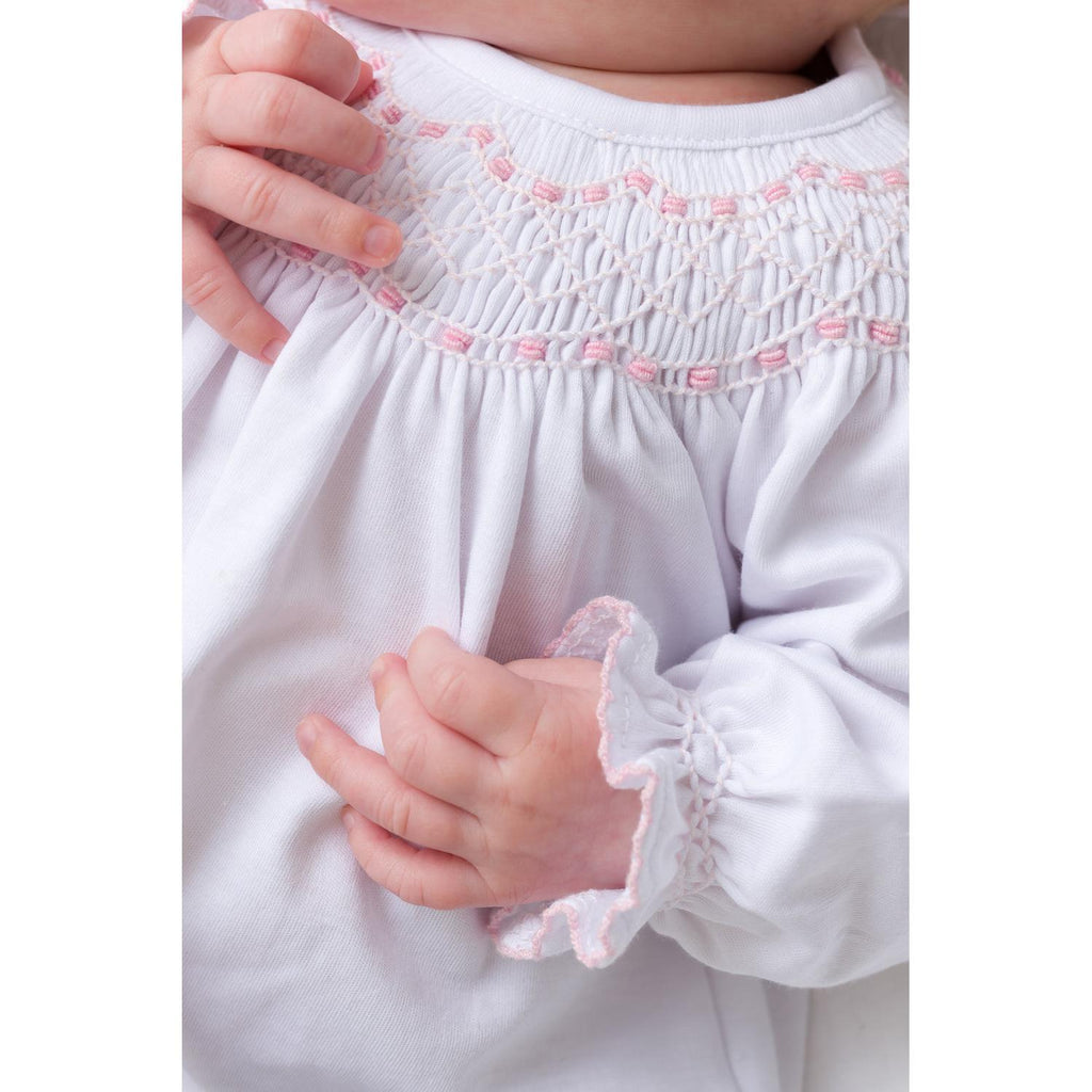 Sweetly Smocked Greeting Gown, Worth Avenue White with Palm Beach Pink