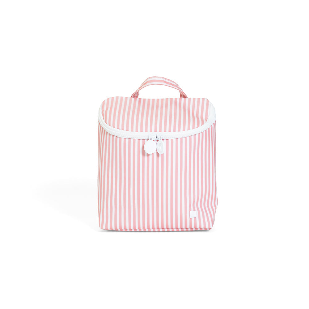 Pink and white striped bag with a handle on a white background