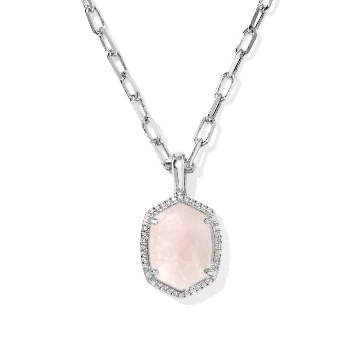 Necklace with a pink pendant on a white background