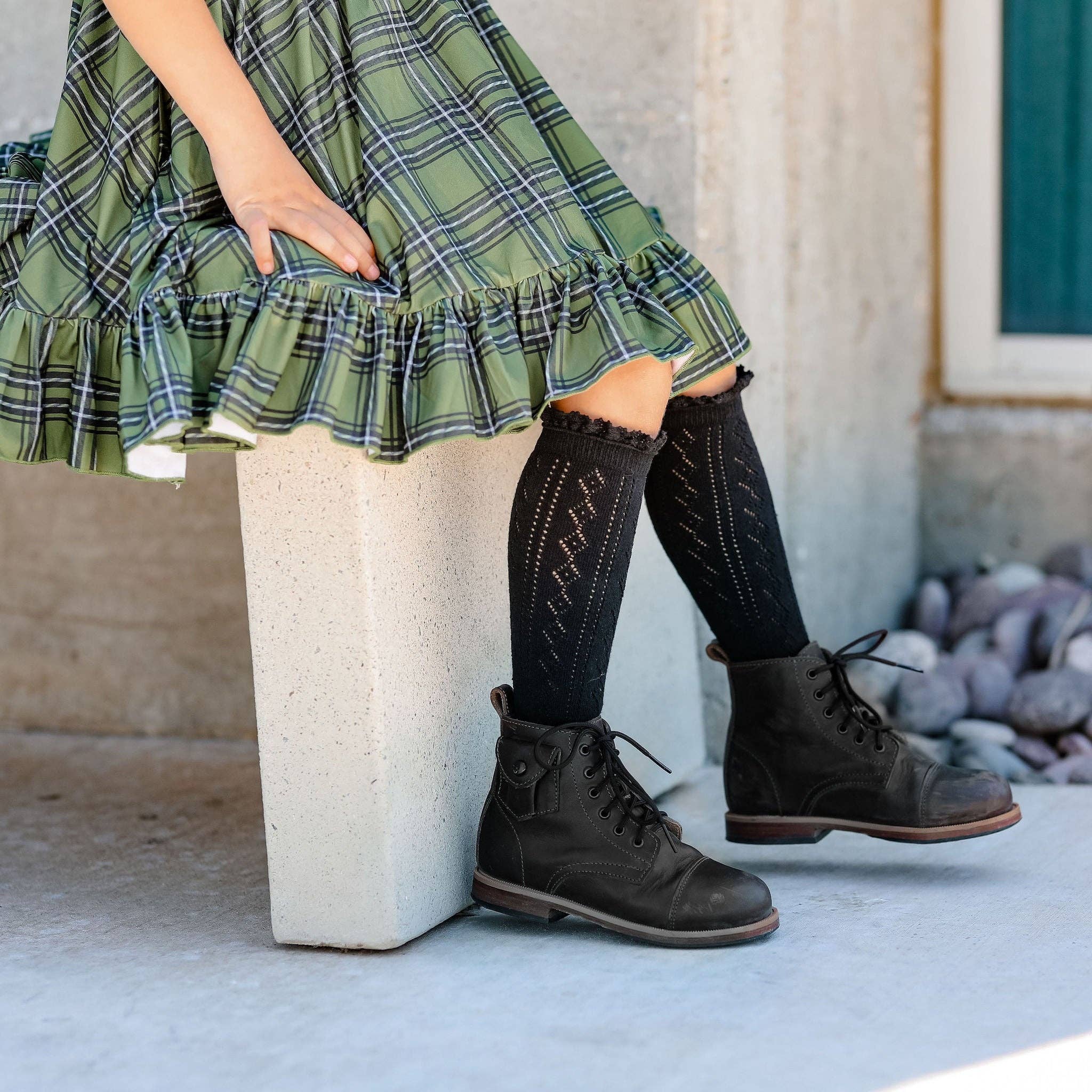 Fancy Lace Top Knee High Socks, Black