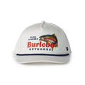 White cap with Burlebo Outdoors logo and fish design on a white background