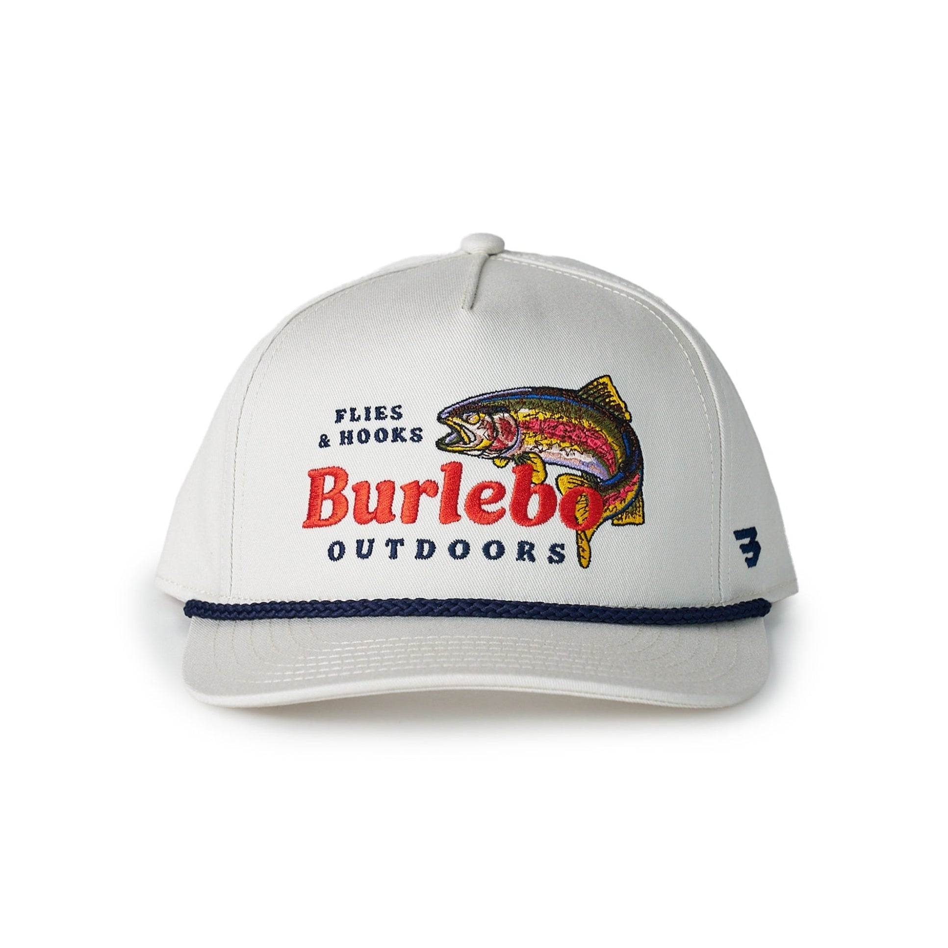 White cap with Burlebo Outdoors logo and fish design on a white background