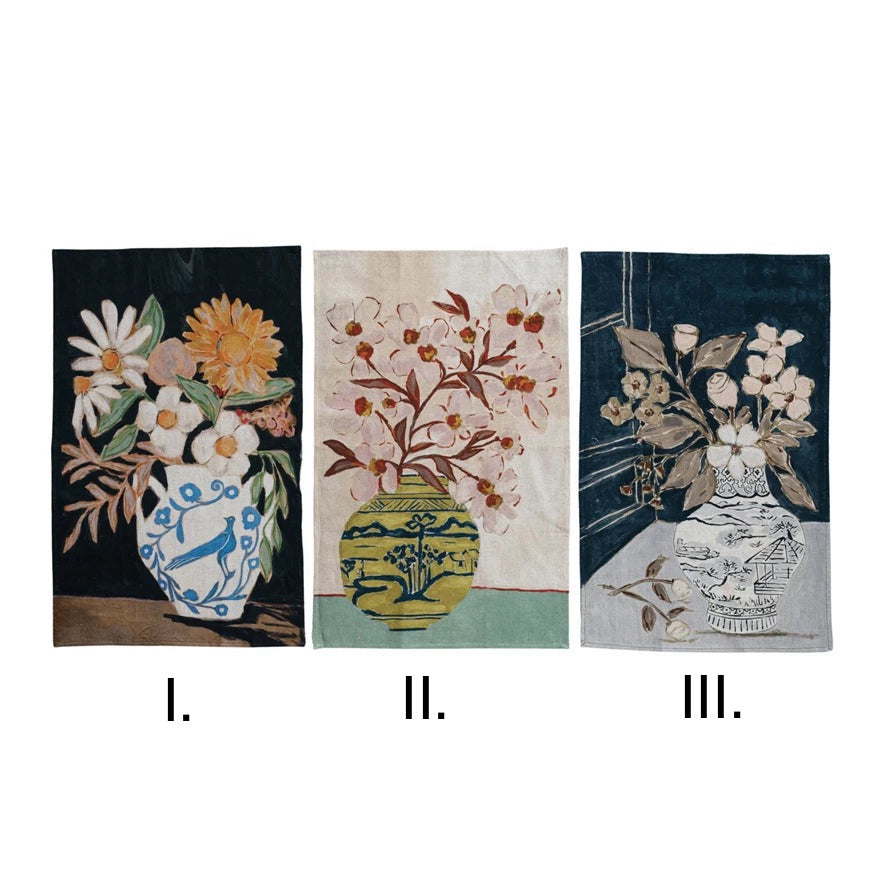 Cotton & Linen Printed Tea Towel w/ Flowers in Vase, 3 Styles