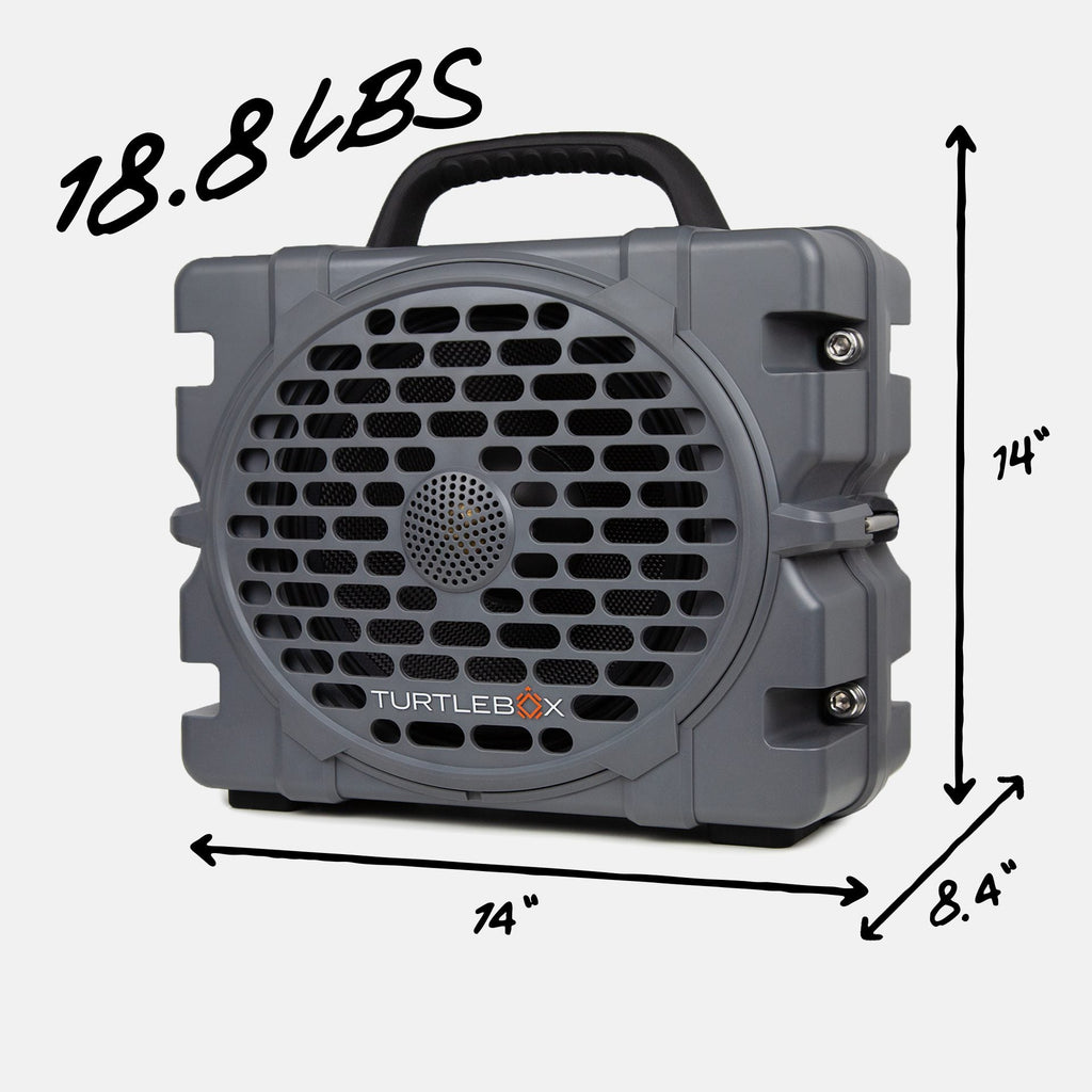 Turtlebox Grande speaker in gray with measures, 18.8 pounds, 14 inches width, 11.5 inches height and 8.4 inches depth #speaker-color_gray