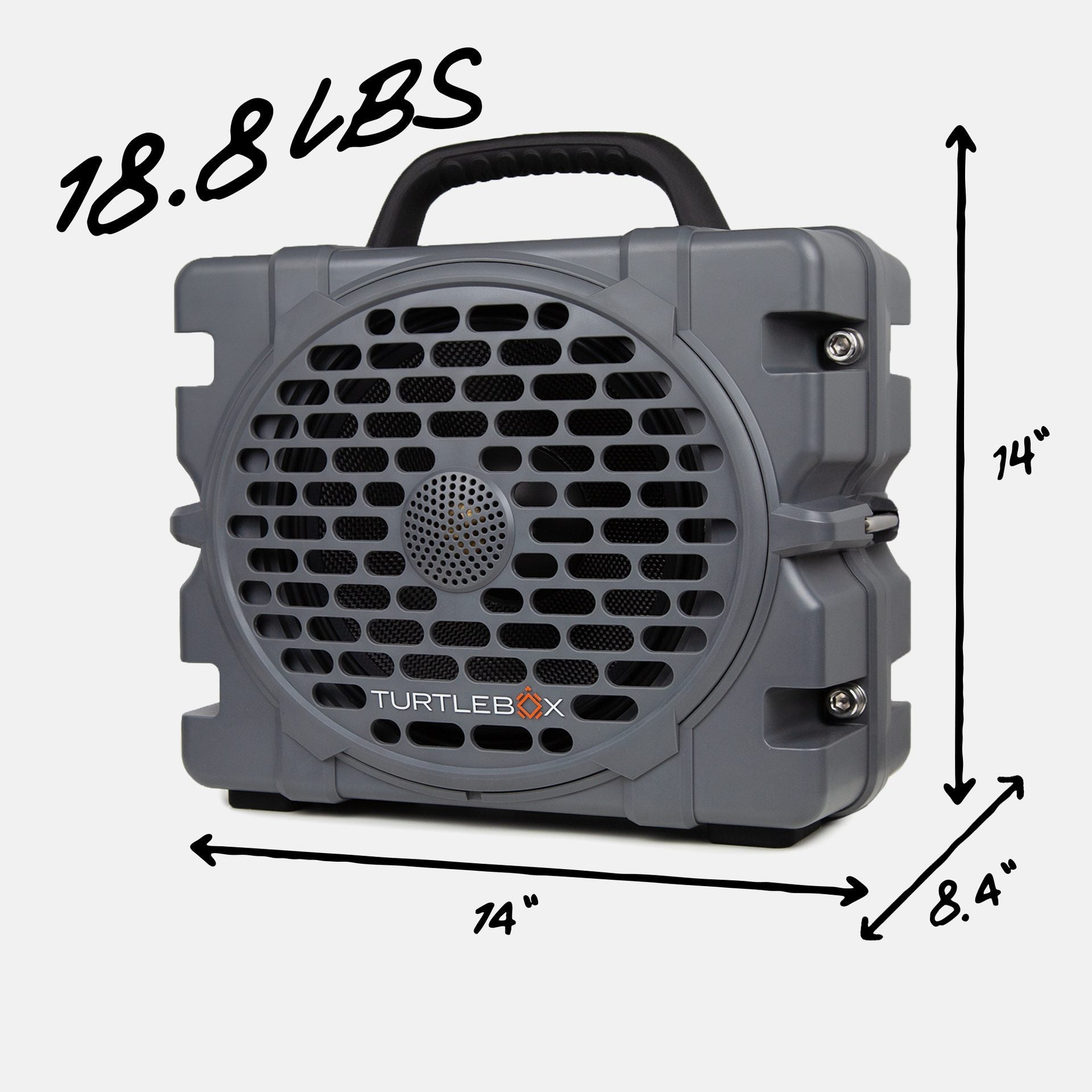 Turtlebox Grande speaker in gray with measures, 18.8 pounds, 14 inches width, 11.5 inches height and 8.4 inches depth #speaker-color_gray