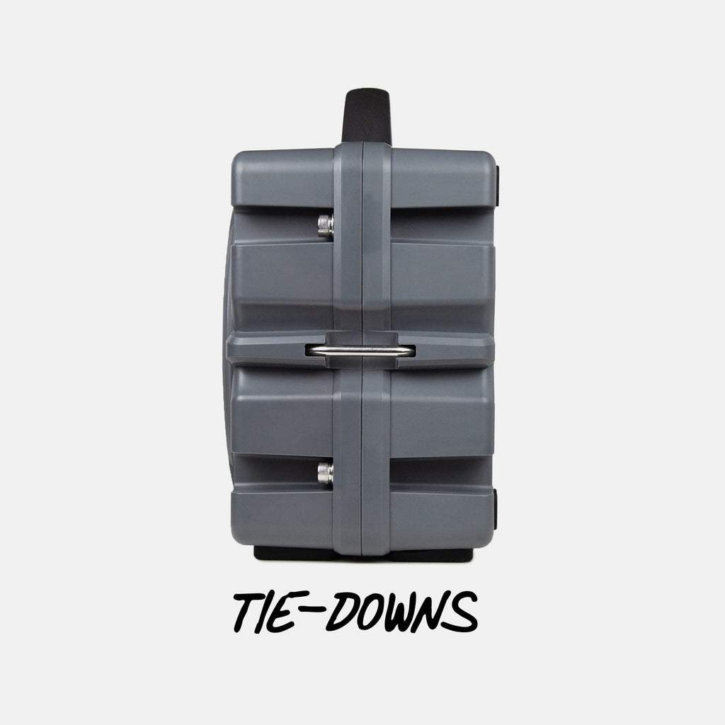 Turtlebox Grande speaker in gray side view highlighing the tie-downs #speaker-color_gray