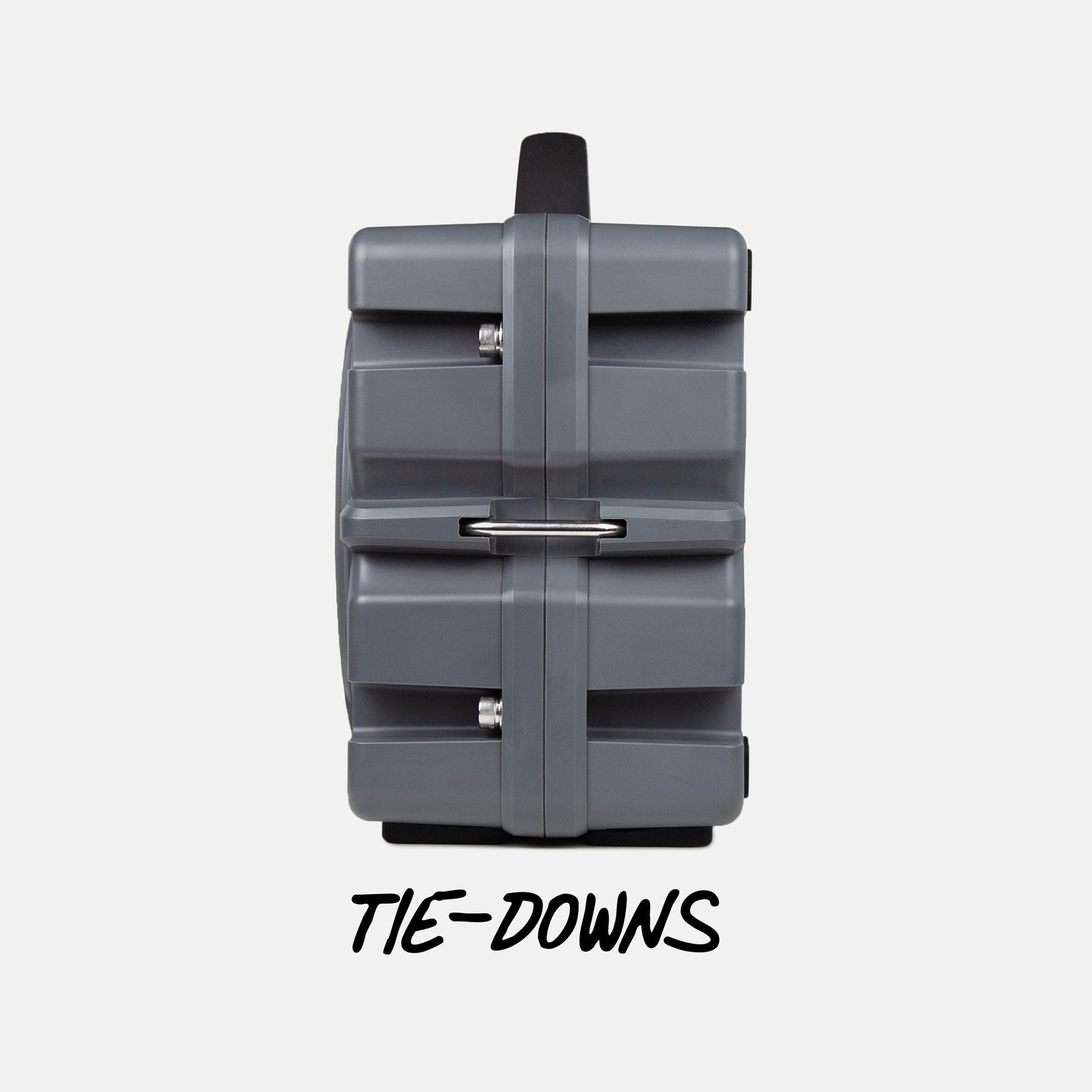 Turtlebox Grande speaker in gray side view highlighing the tie-downs #speaker-color_gray