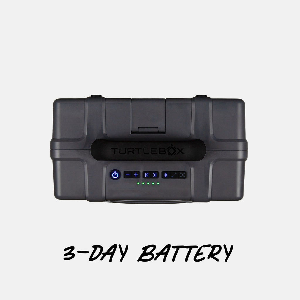 Turtlebox Grande speaker in gray top view saying 3 day battery life #speaker-color_gray