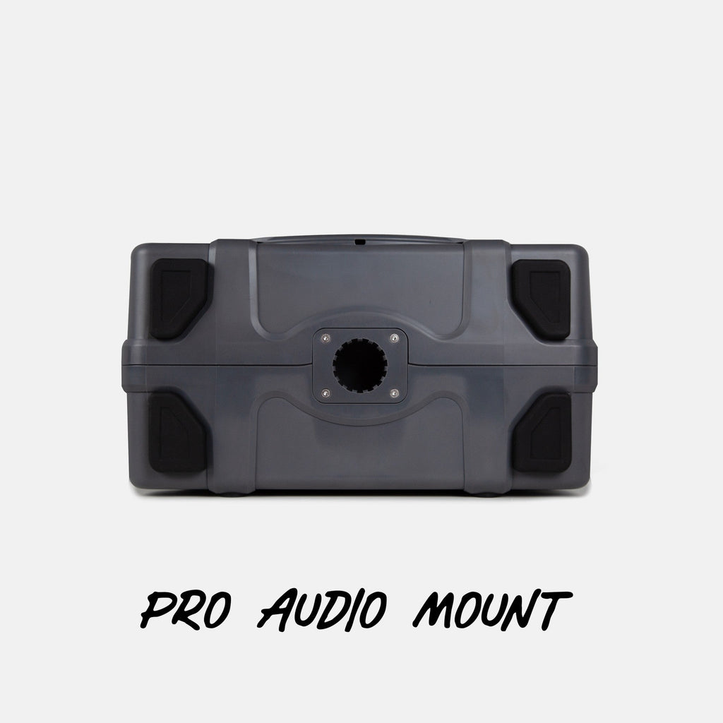 Turtlebox Grande speaker in gray bottom view showing the back feet and highlighting the Pro Audio Mount #speaker-color_gray