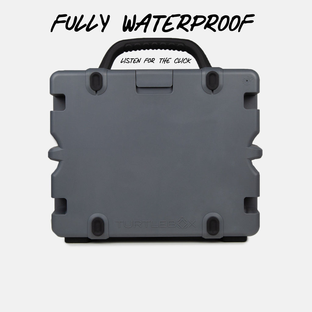 Turtlebox Grande speaker in gray back view saying fully waterproof, listen for the click  #speaker-color_gray