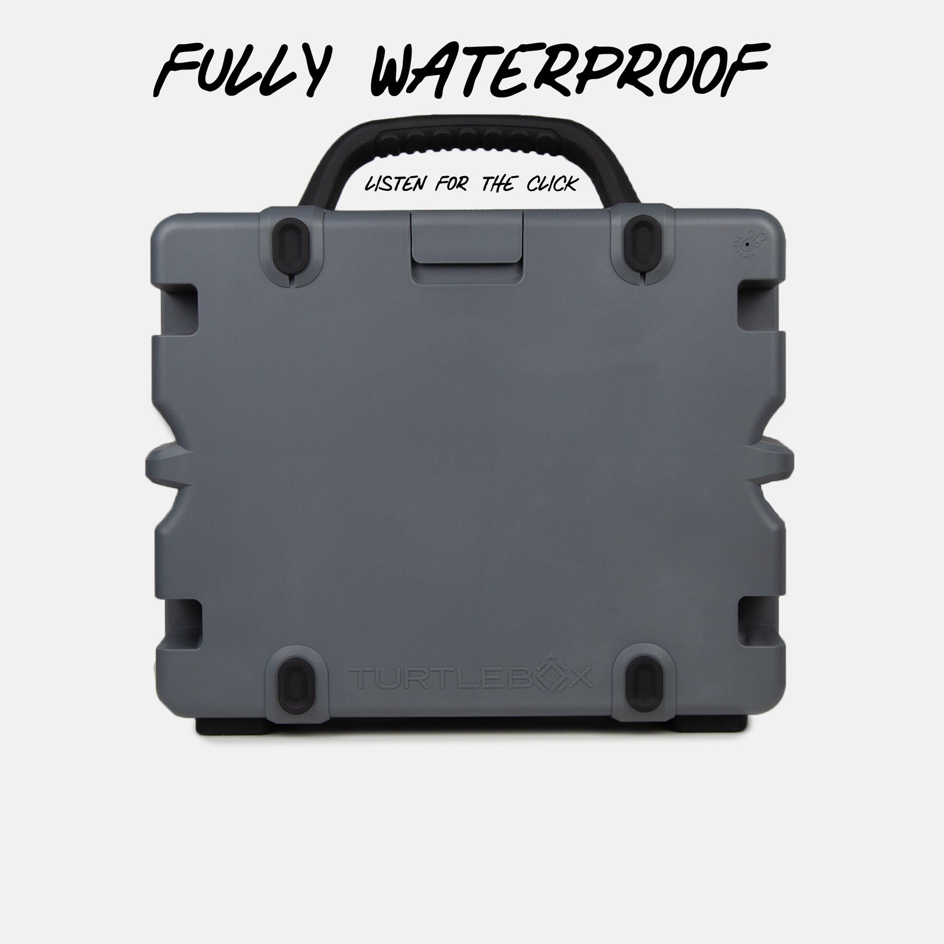 Turtlebox Grande speaker in gray back view saying fully waterproof, listen for the click  #speaker-color_gray