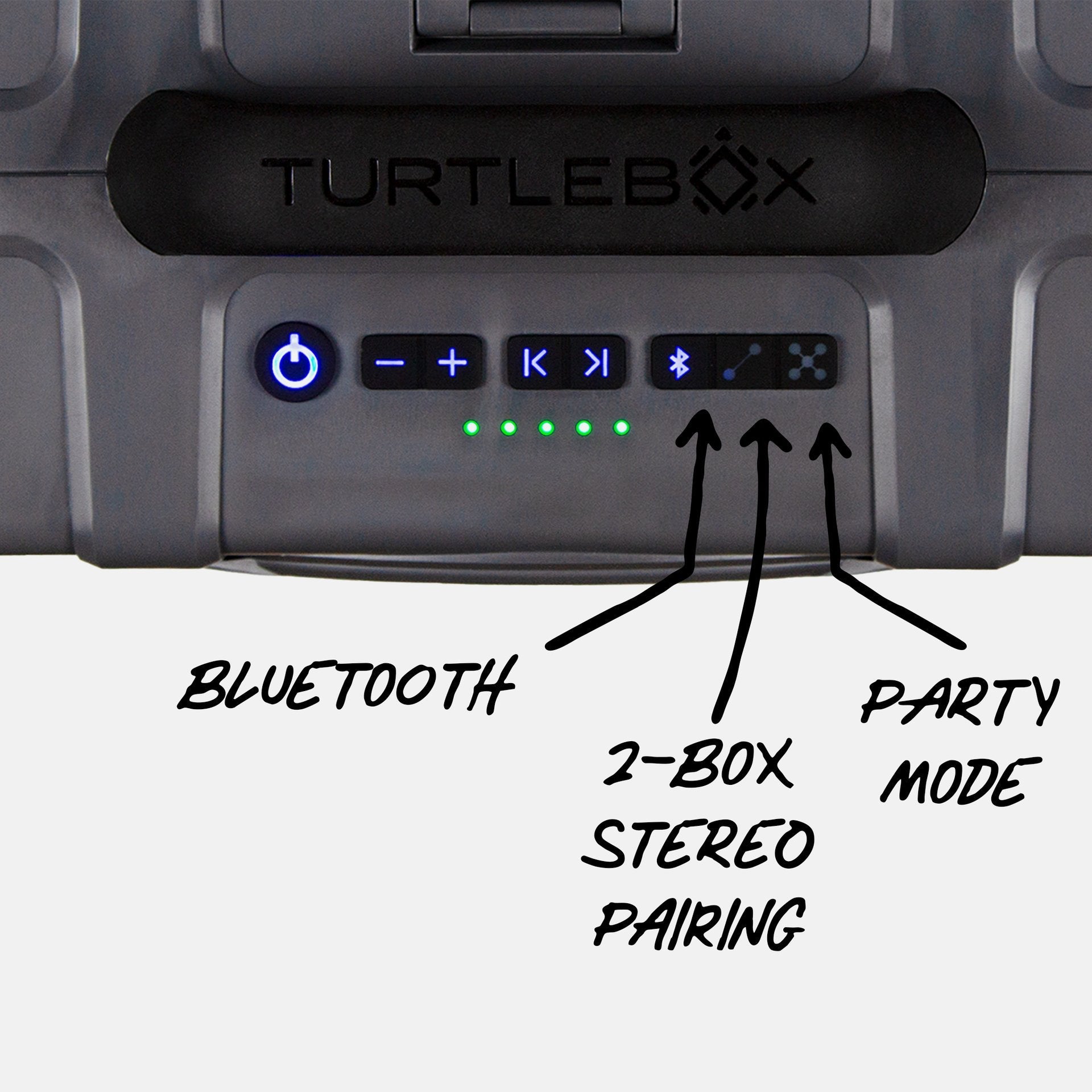 Turtlebox Grande speaker in gray panel view highlighting the bluetooth connectivity, the 2 box stereo pairing and the Party Mode for multiple speakers #speaker-color_gray