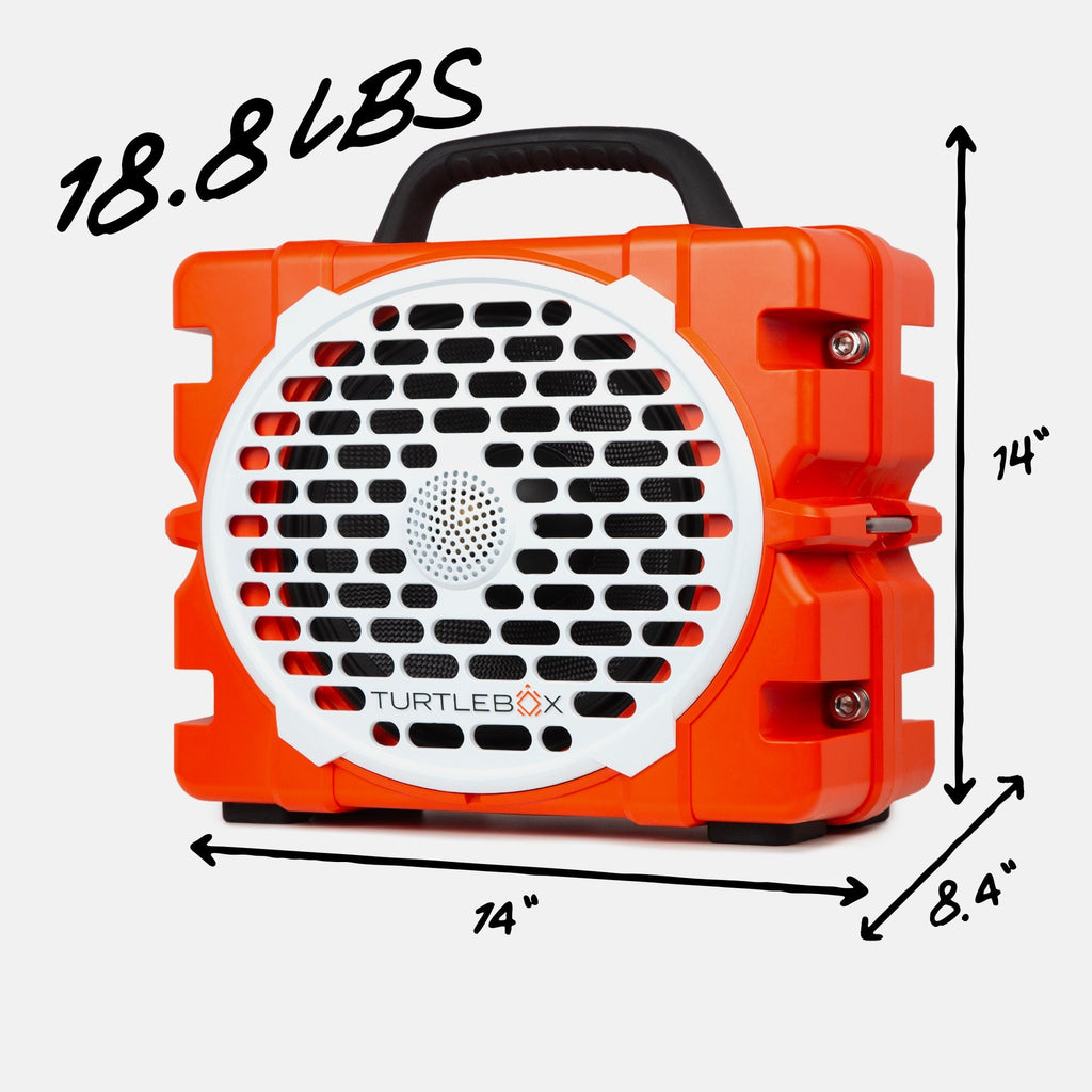 Turtlebox Grande speaker in orange with measures, 18.8 pounds, 14 inches width, 11.5 inches height and 8.4 inches depth #speaker-color_orange