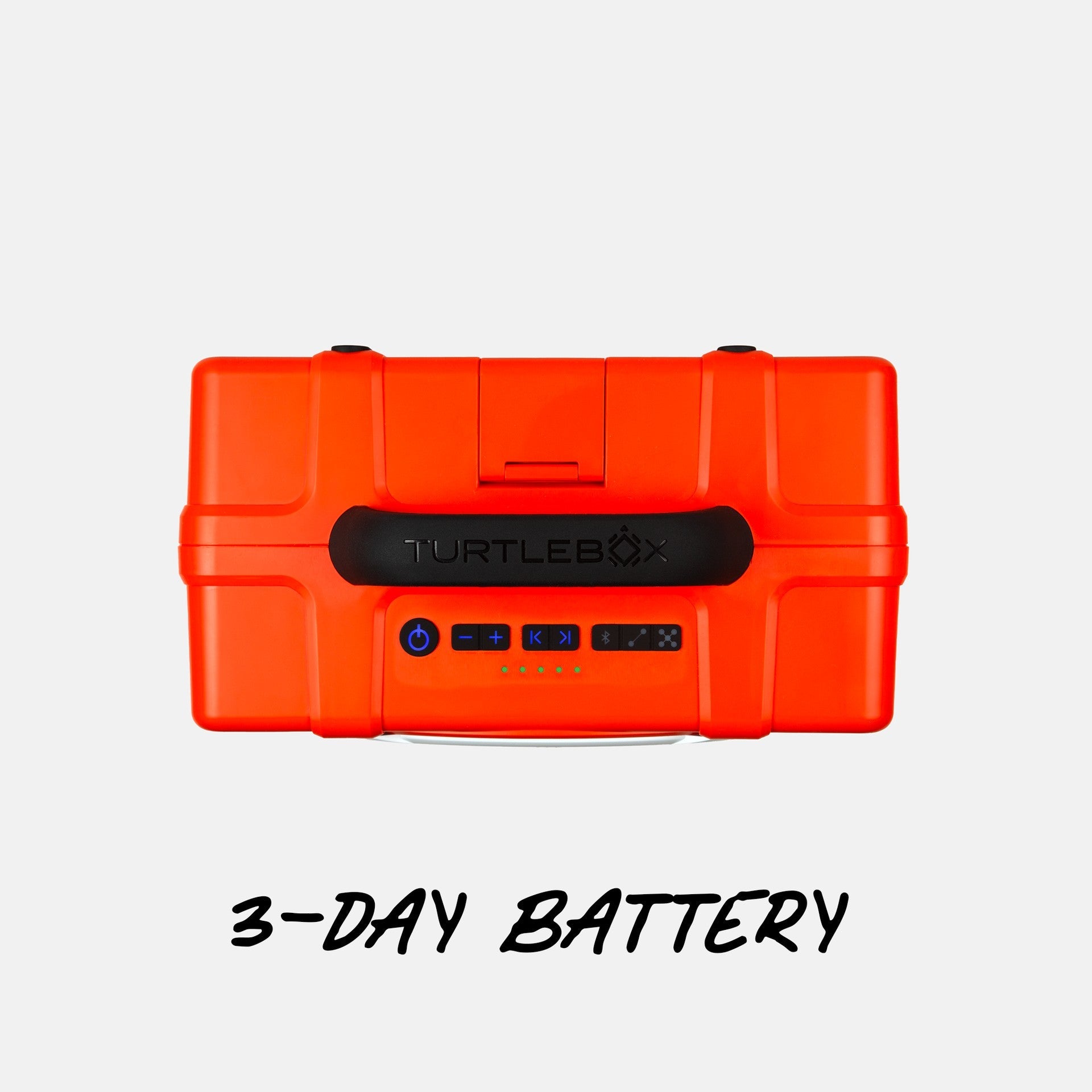 Turtlebox Grande speaker in orange top view saying 3 day battery life #speaker-color_orange