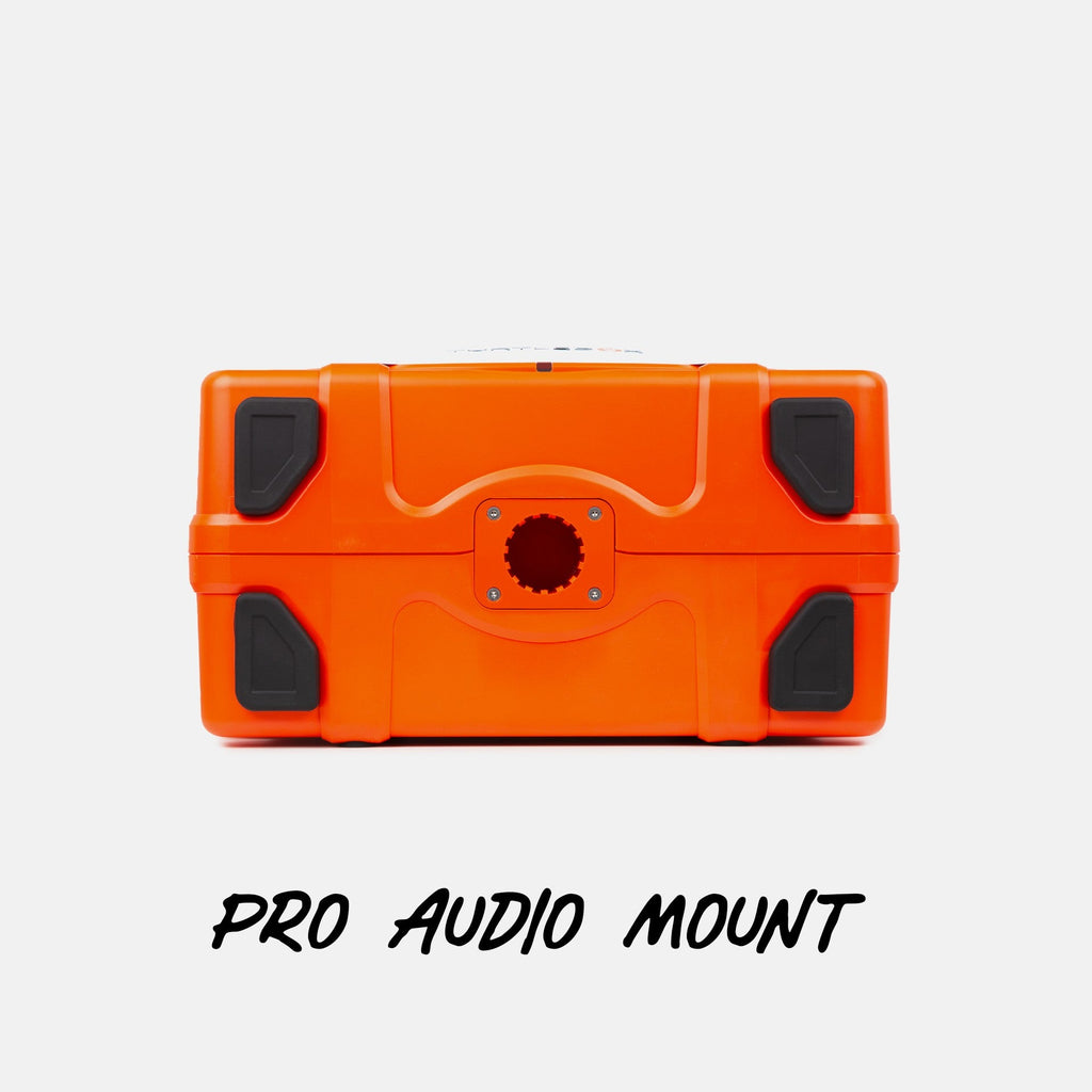 Turtlebox Grande speaker in orange bottom view showing the back feet and highlighting the Pro Audio Mount #speaker-color_orange