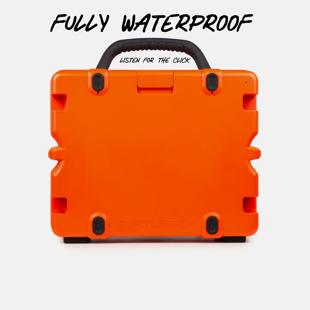Turtlebox Grande speaker in orange back view saying fully waterproof, listen for the click  #speaker-color_orange