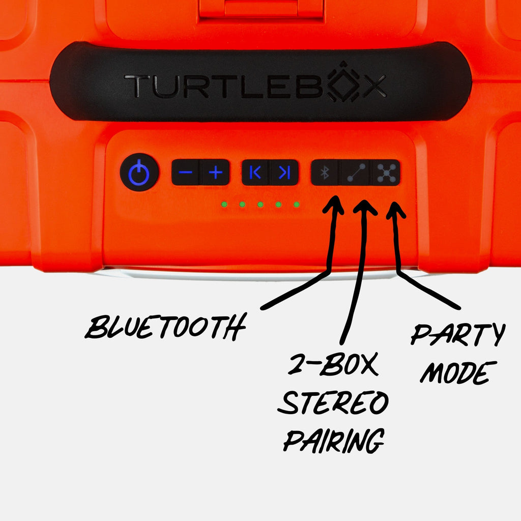 Turtlebox Grande speaker in orange panel view highlighting the bluetooth connectivity, the 2 box stereo pairing and the Party Mode for multiple speakers #speaker-color_orange