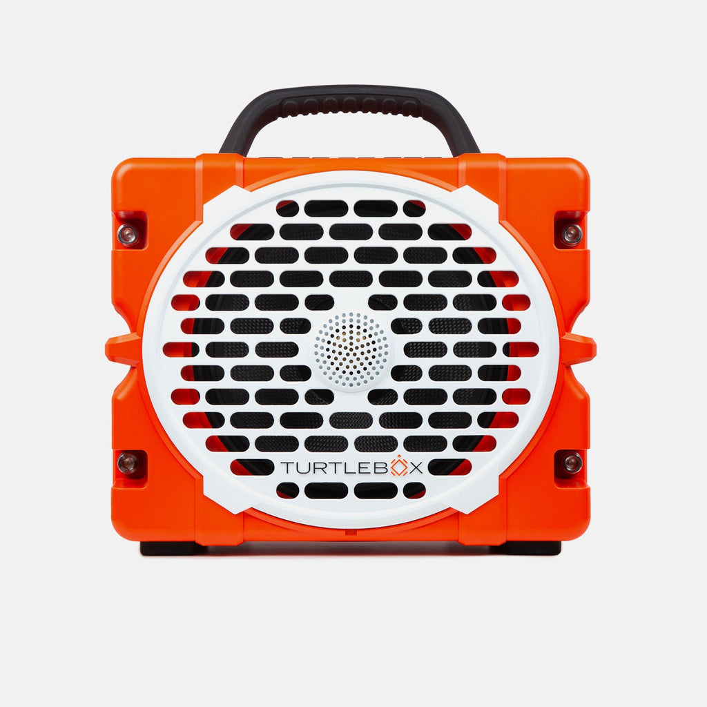 Turtlebox Grande speaker in orange saying Engineered for the Outdoors #speaker-color_orange
