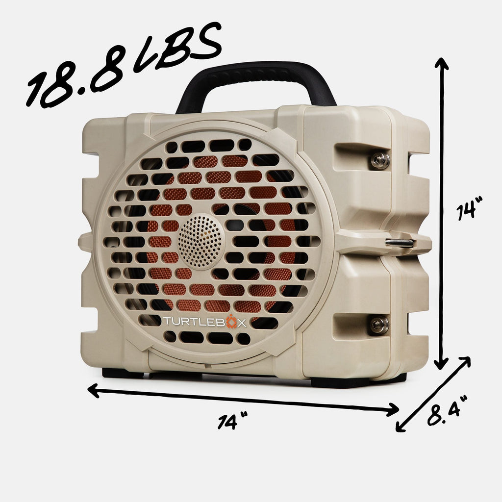 Turtlebox Grande speaker in tan with measures, 18.8 pounds, 14 inches width, 11.5 inches height and 8.4 inches depth #speaker-color_tan