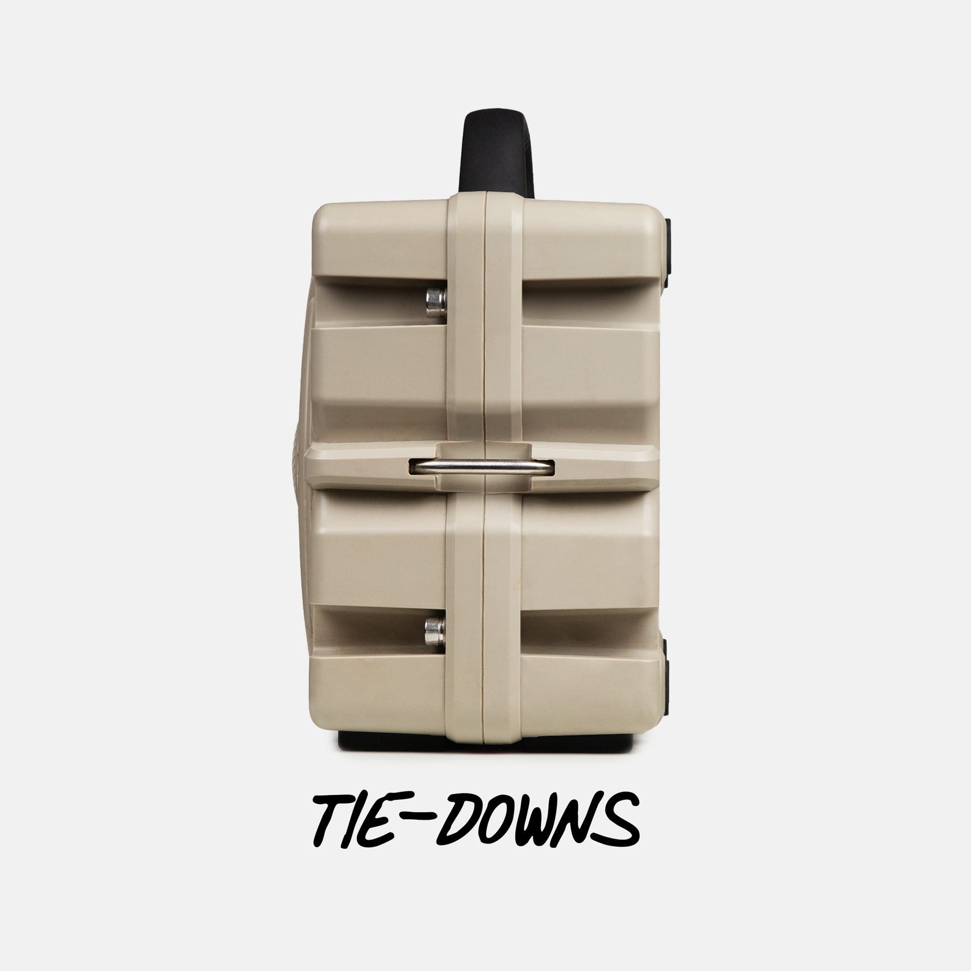 Turtlebox Grande speaker in tan side view highlighing the tie-downs #speaker-color_tan