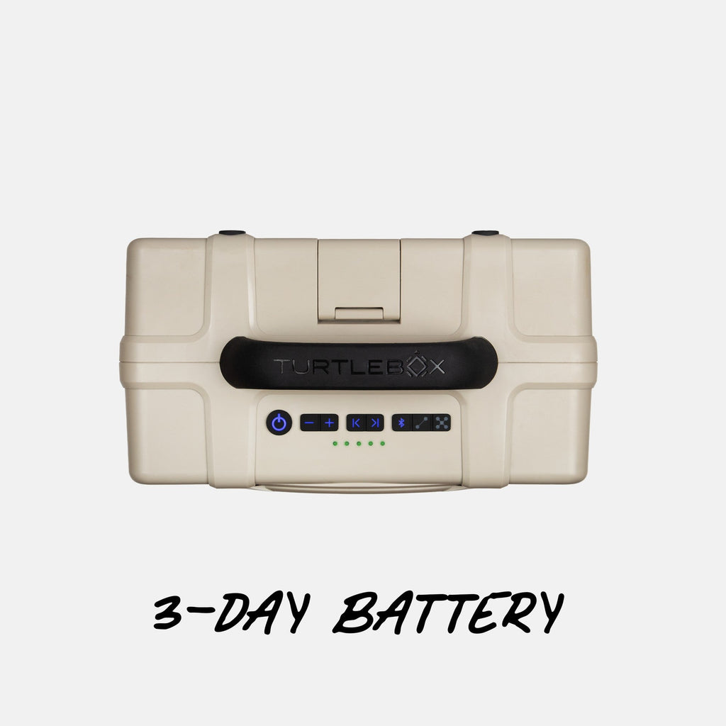 Turtlebox Grande speaker in tan top view saying 3 day battery life #speaker-color_tan