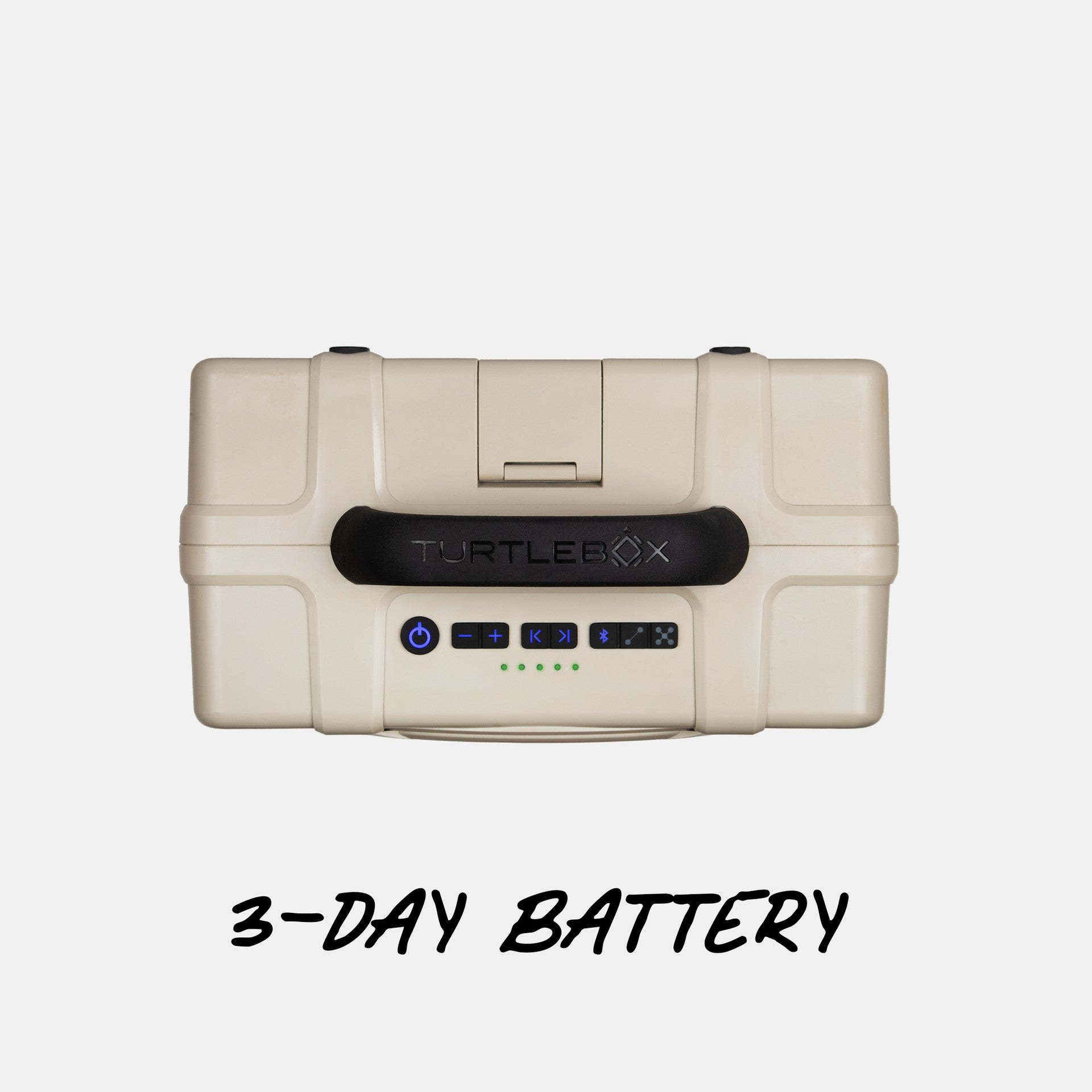 Turtlebox Grande speaker in tan top view saying 3 day battery life #speaker-color_tan
