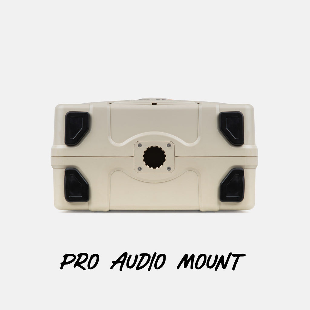Turtlebox Grande speaker in tan bottom view showing the back feet and highlighting the Pro Audio Mount #speaker-color_tan