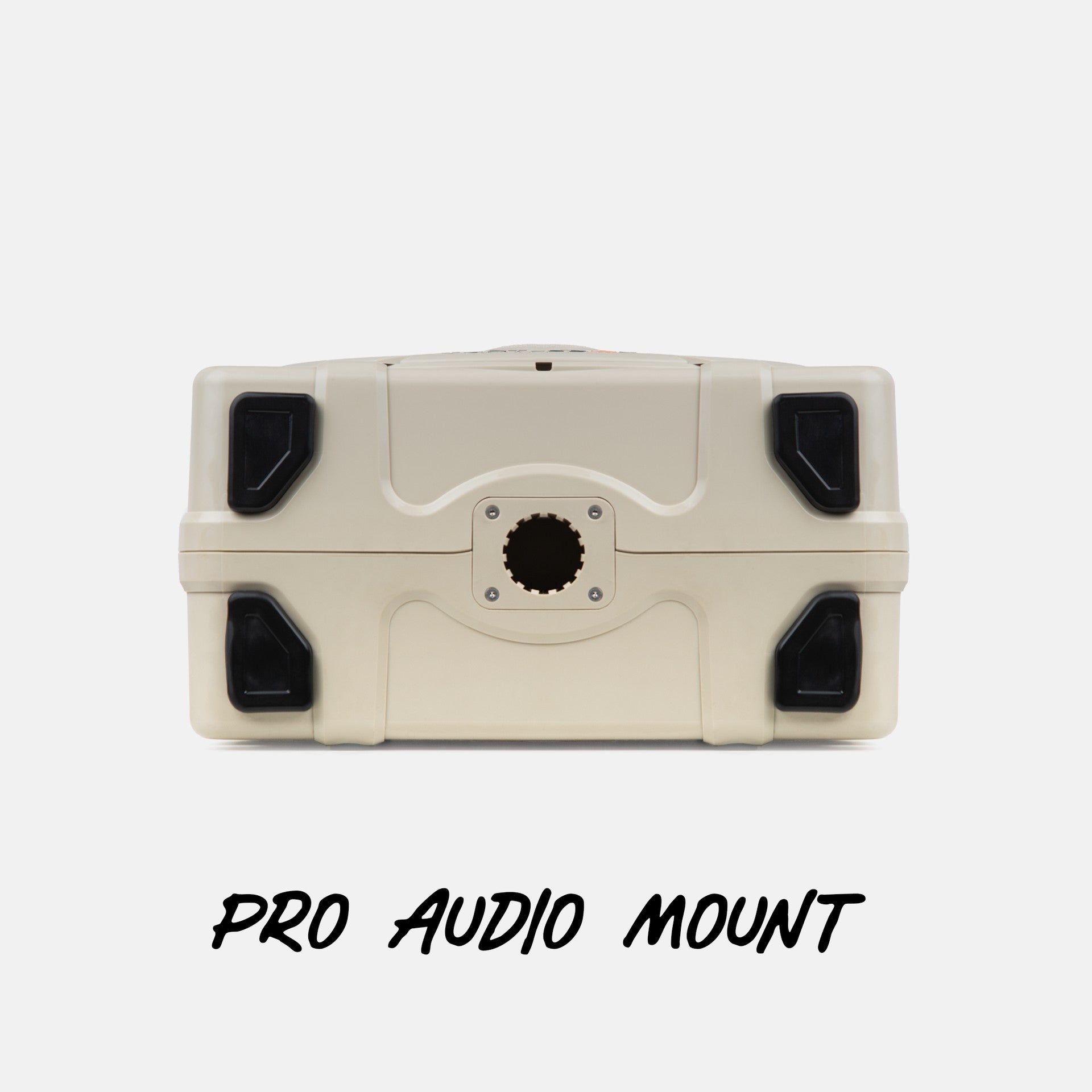Turtlebox Grande speaker in tan bottom view showing the back feet and highlighting the Pro Audio Mount #speaker-color_tan