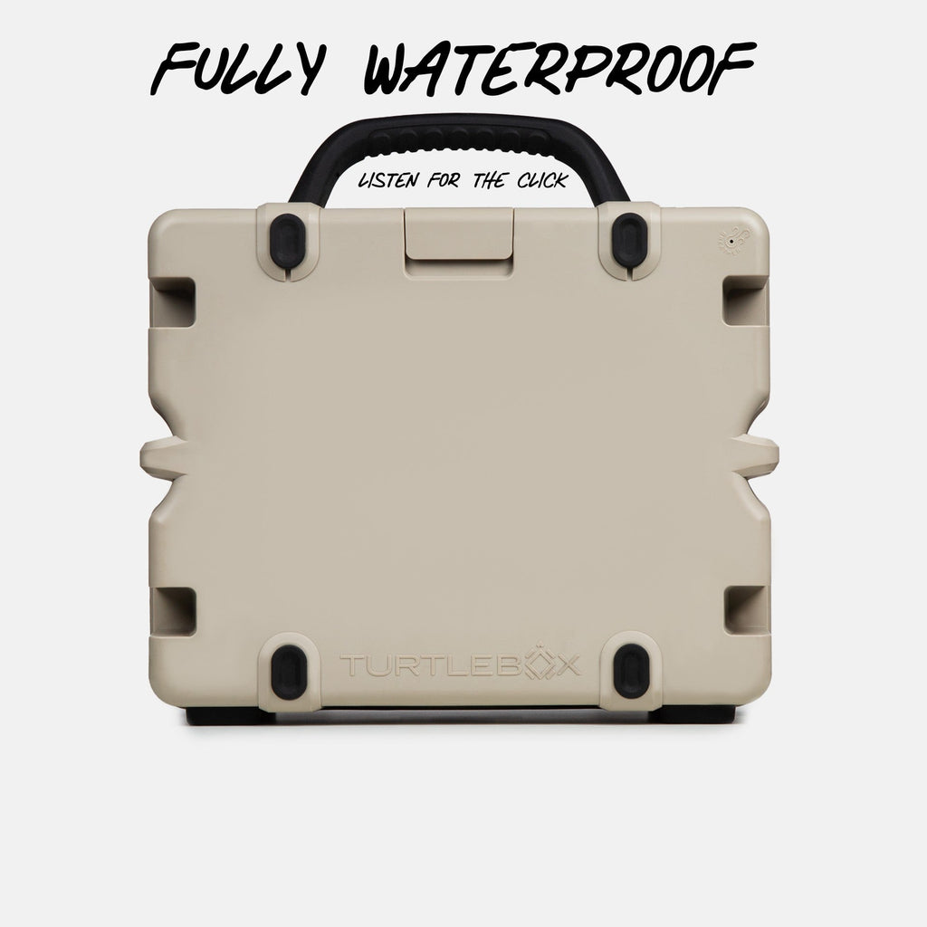 Turtlebox Grande speaker in tan back view saying fully waterproof #speaker-color_tan
