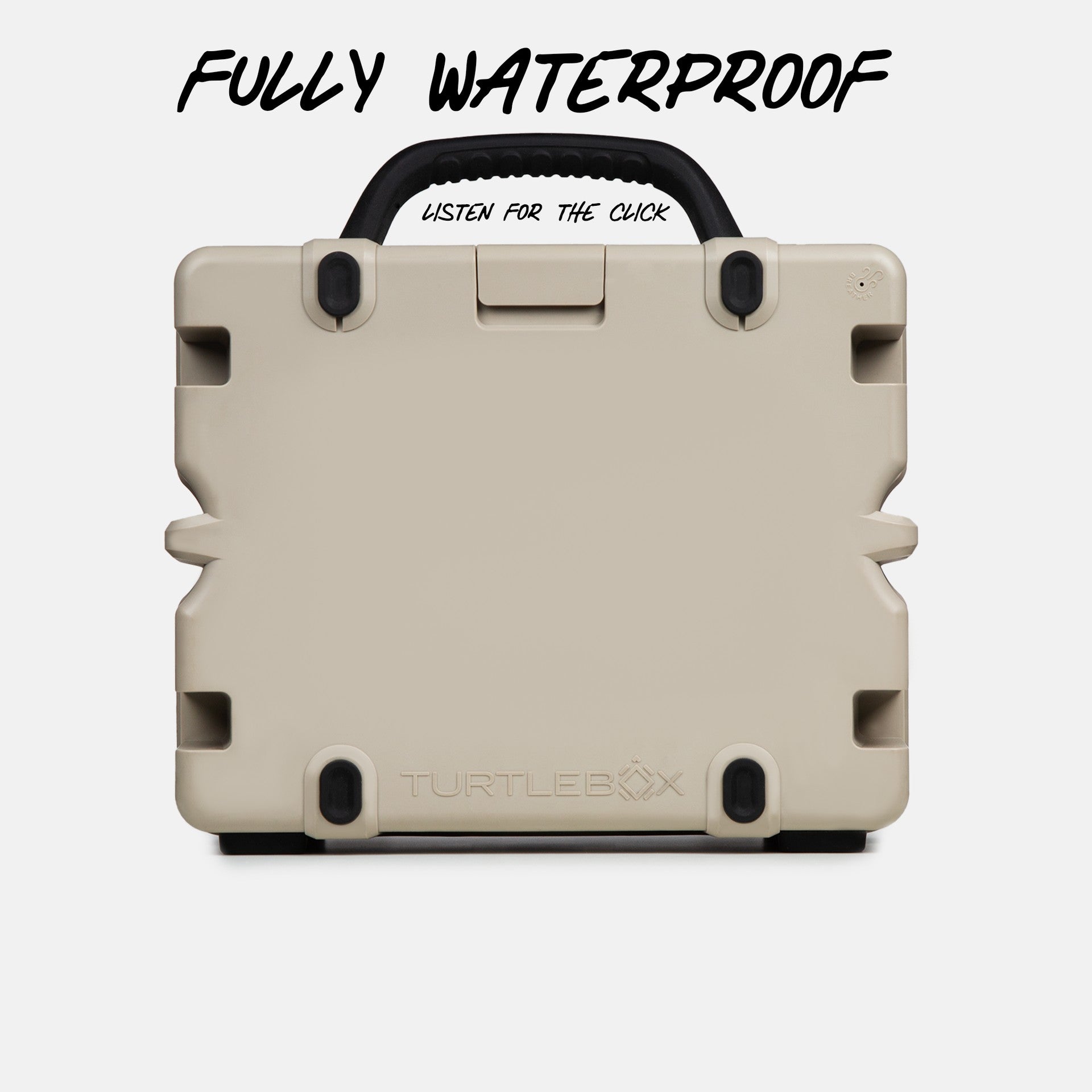 Turtlebox Grande speaker in tan back view saying fully waterproof #speaker-color_tan