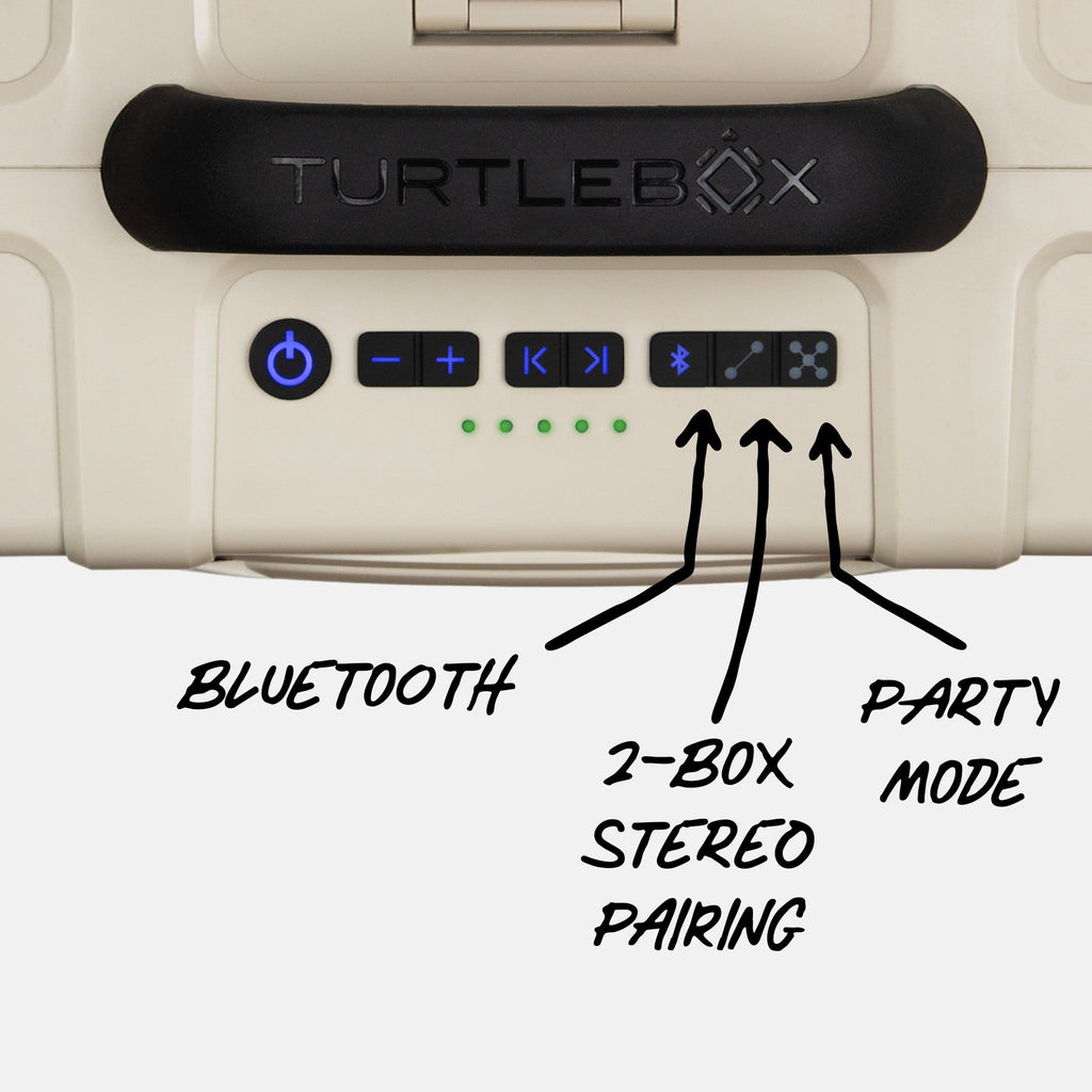 Turtlebox Grande speaker in tan panel view highlighting the bluetooth connectivity, the 2 box stereo pairing and the Party Mode for multiple speakers #speaker-color_tan