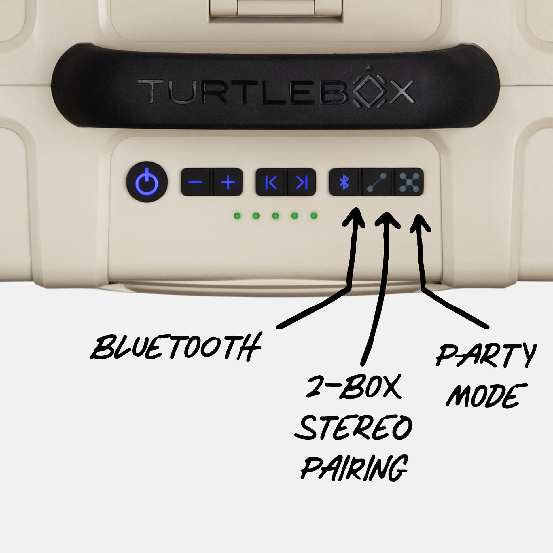 Turtlebox Grande speaker in tan panel view highlighting the bluetooth connectivity, the 2 box stereo pairing and the Party Mode for multiple speakers #speaker-color_tan