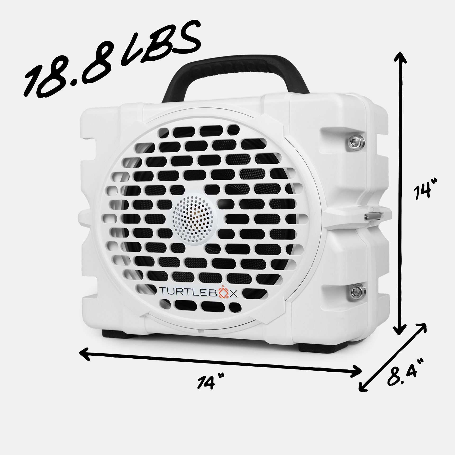 Turtlebox Grande speaker in white with measures, 18.8 pounds, 14 inches width, 11.5 inches height and 8.4 inches depth #speaker-color_white #base-color_guy-harvey-artist-series