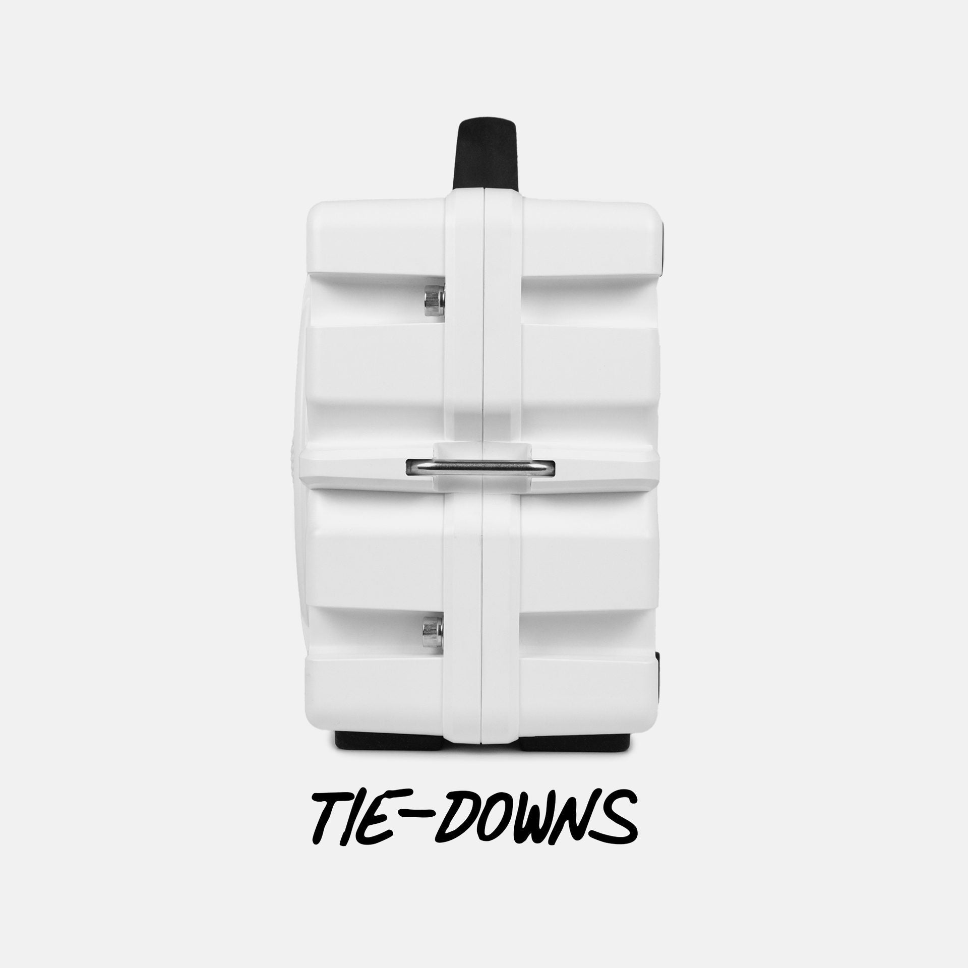 Turtlebox Grande speaker in white side view highlighing the tie-downs #speaker-color_white #base-color_guy-harvey-artist-series