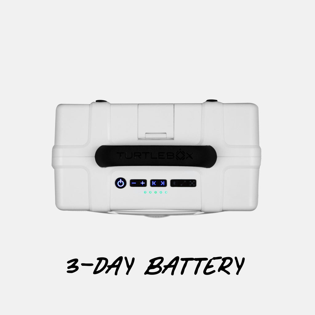 Turtlebox Grande speaker in white top view saying 3 day battery life #speaker-color_white #base-color_guy-harvey-artist-series