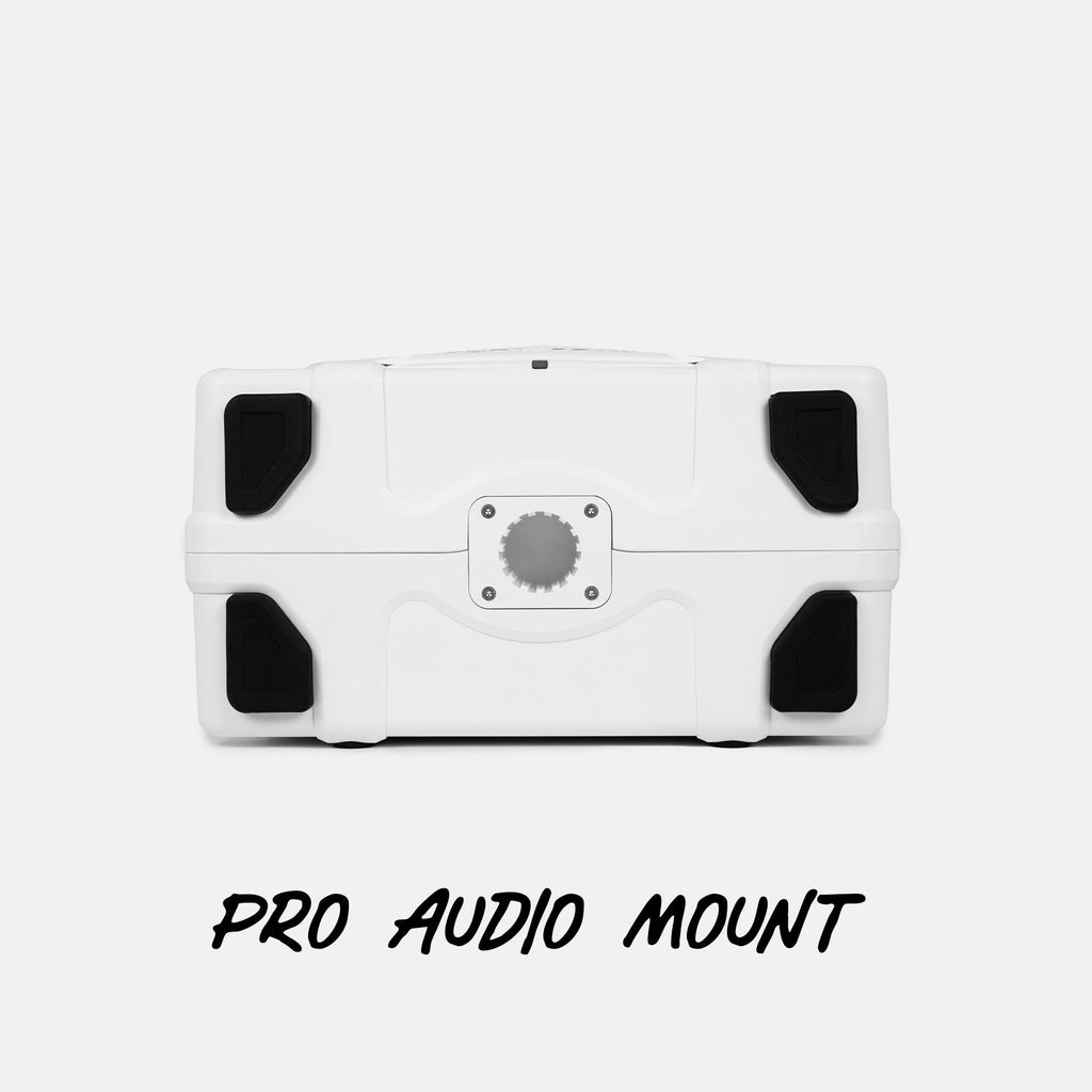 Turtlebox Grande speaker in white bottom view showing the back feet and highlighting the Pro Audio Mount #speaker-color_white #base-color_guy-harvey-artist-series