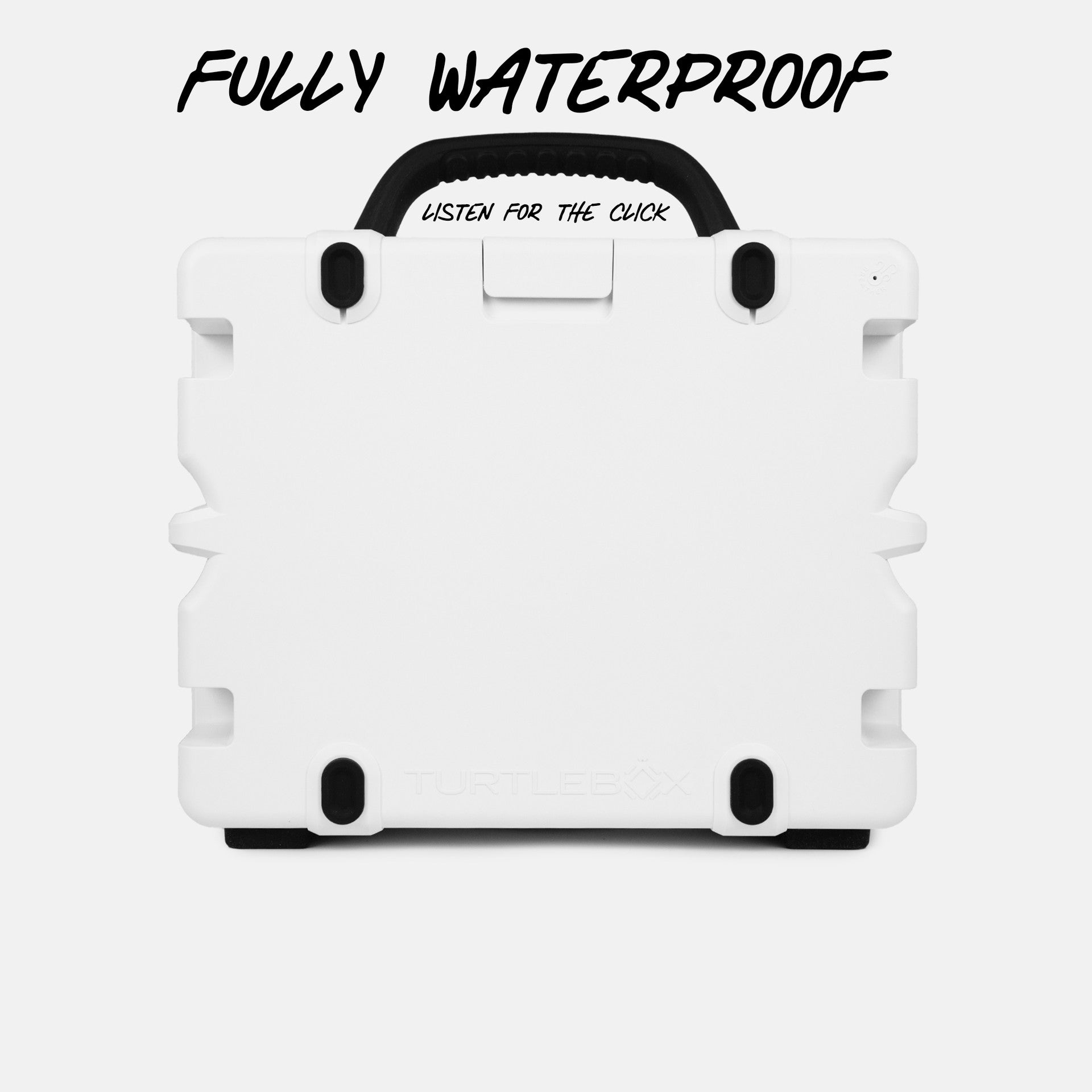 Turtlebox Grande speaker in white back view saying fully waterproof #speaker-color_white